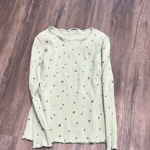 H&M Pale Mint Ribbed Long-Sleeve Top with Tiny Black Floral Motif